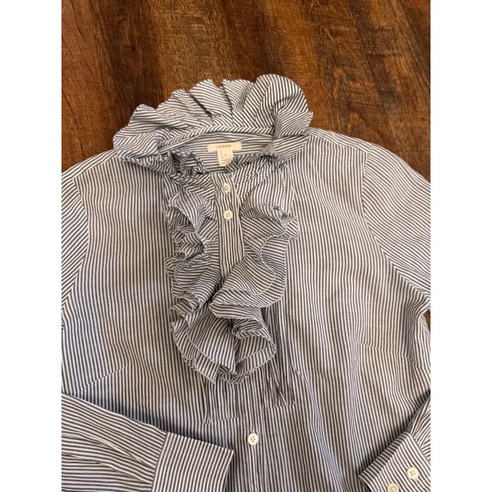 J.Crew Size 4 Blue White Pinstripe Ruffle Front Cotton Button Down Blouse